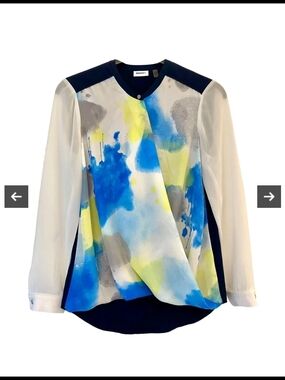 DKNY Blue & White Abstract Print Long-Sleeve Blouse Size Medium